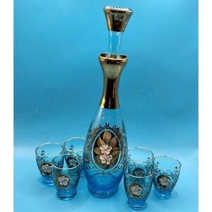 Vintage Beautiful Blue Enamel Floral Decanter Set 7pc Bohemian Murano Gold Gilt